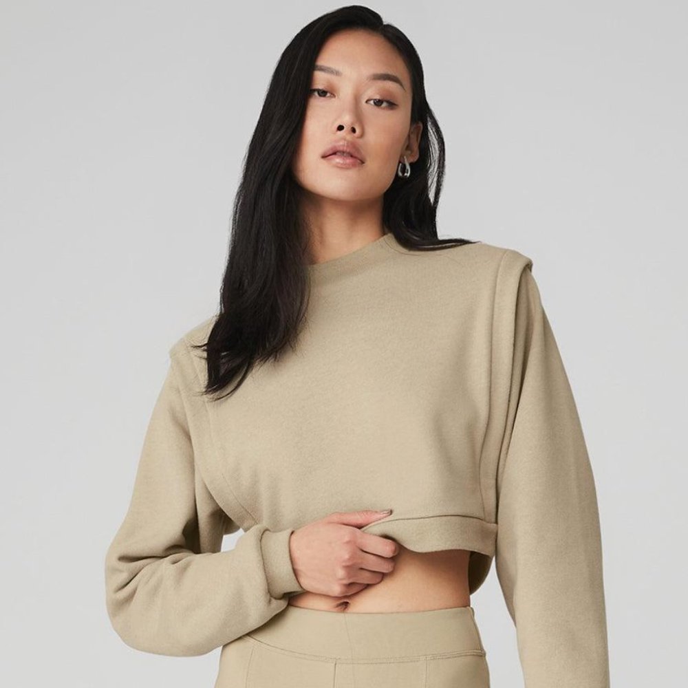 ALO Yoga Cropped Crewneck Sweater in Taupe